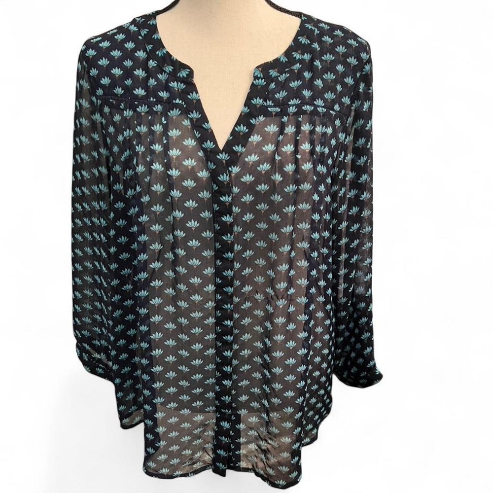 Skies are Blue Navy Floral Sheer Long Sleeve V-neck Blouse Women's Medium Boho